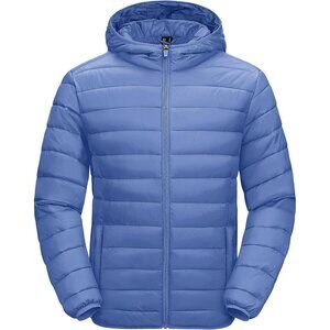 Men's Light Blue Hooded Water-Resistant Outerwear Warm Quilted Puffer Jacket